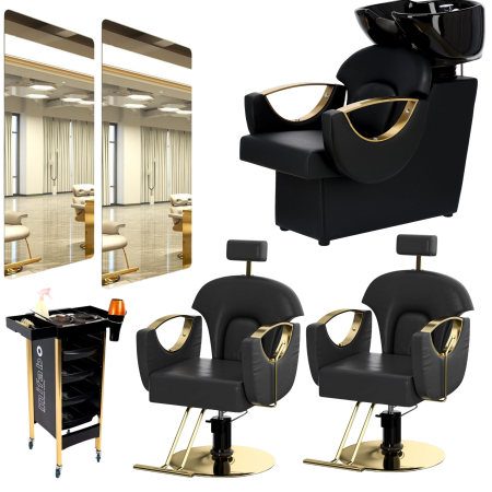 Mobilier Salon · Seturi - Set Scafa cu 2 scaune frizerie, rabatabile cu tetiera, negru cu auriu, 2 oglinzi LED si ucenic