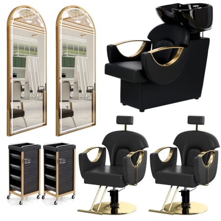 Mobilier Salon · Seturi - Set Scafa cu 2 scaune frizerie, rabatabile cu tetiera, negru cu auriu, 2 oglinzi LED si ucenic
