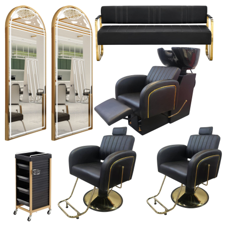 Mobilier Salon · Seturi - Set Scafa cu 2 scaune frizerie, rabatabile cu tetiera, negru cu auriu, 2 oglinzi LED si ucenic
