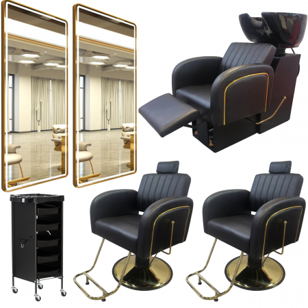 Mobilier Salon · Seturi - Set Scafa cu 2 scaune frizerie, rabatabile cu tetiera, negru cu auriu, 2 oglinzi LED si ucenic