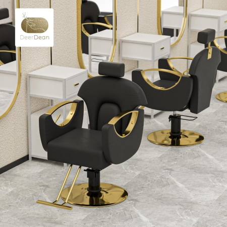 Set Scafa cu 2 scaune frizerie, rabatabile cu tetiera, negru cu auriu, 2 oglinzi LED si ucenic [4]