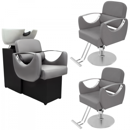 Mobilier Salon · Seturi - Set Scafa frizerie cu 2 scaune coafor, gri cu argintiu