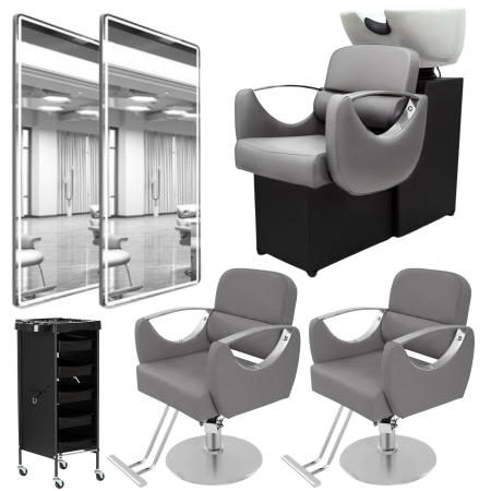 Mobilier Salon · Seturi - Set Scafa frizerie cu 2 scaune coafor, gri cu argintiu si 2 oglinzi frizerie silver LED