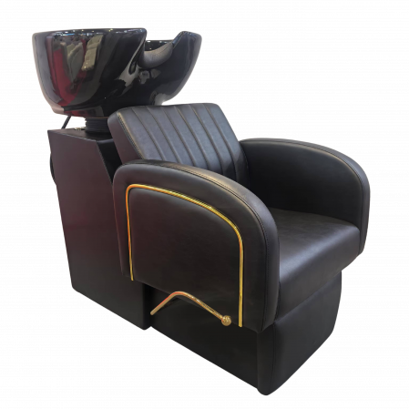 Set Scafa frizerie cu 2 scaune frizerie, rabatabile cu tetiera, negru cu auriu [2]
