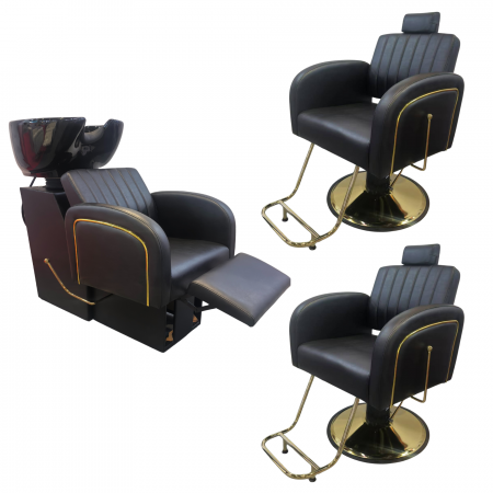 Mobilier Salon · Seturi - Set Scafa frizerie cu 2 scaune frizerie, rabatabile cu tetiera, negru cu auriu