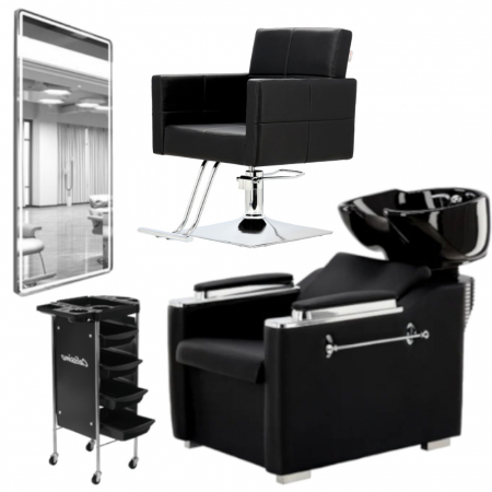 Mobilier Salon · Seturi - Set Scaun coafor cu scafa frizerie, oglinda Led 170x70cm si ucenic, Negru