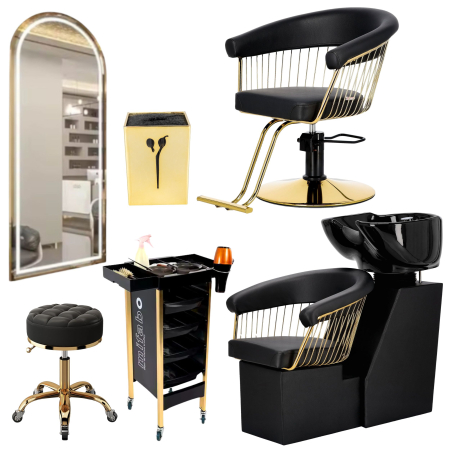 Mobilier Salon · Seturi - Set scaun coafor cu unitate de spalare, Oglinda frizerie LED, Negru cu Auriu, 6 piese premium