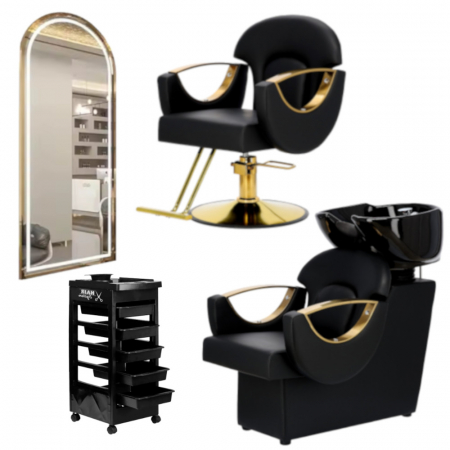 Mobilier Salon · Seturi - Set scaun coafor, scafa frizerie profesionala, post de lucru si ucenic cosmetic, Negru cu auriu