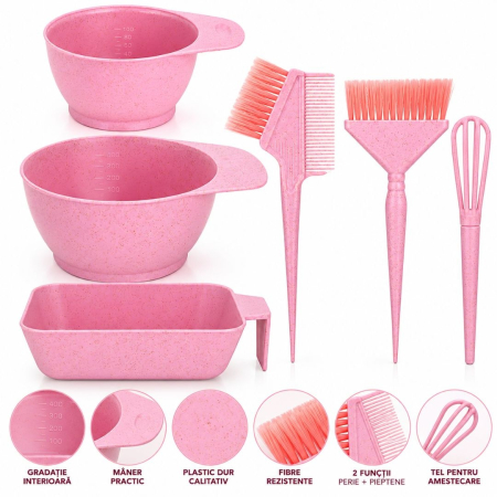 Coafor si Frizerie - Set vopsit parul, 3 boluri gradate cu 3 pensule pentru vopsea de par, Roz pastel