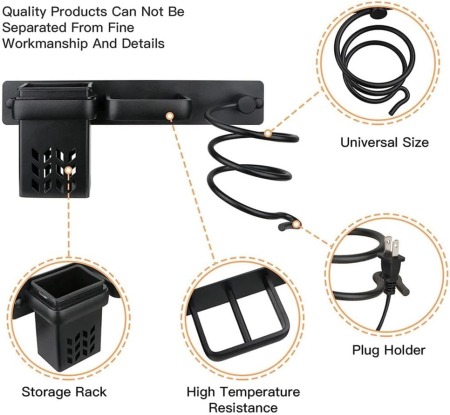 Suport de perete pentru uscator, placa de par, organizator frizerie, negru, 29x7x12cm [7]