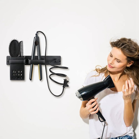 Suport de perete pentru uscator, placa de par, organizator frizerie, negru, 29x7x12cm [2]