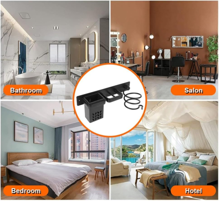 Suport de perete pentru uscator, placa de par, organizator frizerie, negru, 29x7x12cm [4]