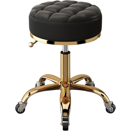 Scaun cosmetica - Taburet Gold pentru cosmetician – scaun rotund hidraulic, negru cu auriu, profesional pentru salon