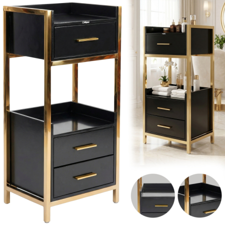 Mobilier frizerie - Ucenic Coafură Cosmetică Negru-Auriu | Dulap + Cărucior Salon