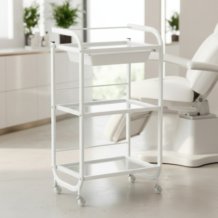 Ucenic cosmetica 3 sertare pentru spa, salon de infrumusetare, Alb, metalic, cu roti [3]