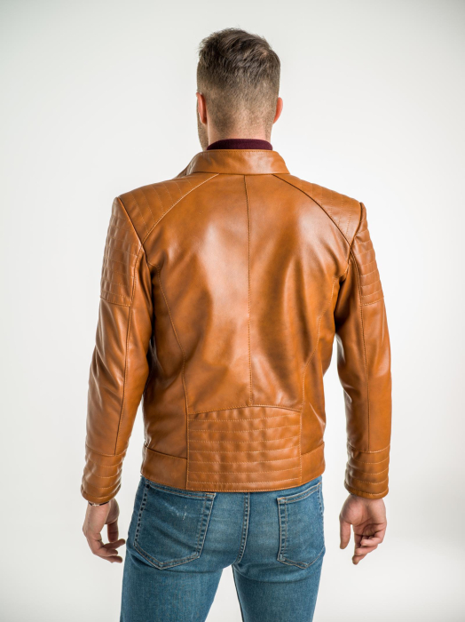 Geacă din piele naturală, fermoar lateral, cusături, capse, buzunare, multicoloră [3]