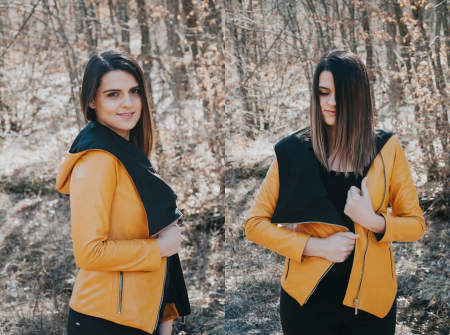 Haine piele Femei - Geacă din piele naturală, Nissa, cu fermoar în diagonală și glugă, multicoloră
