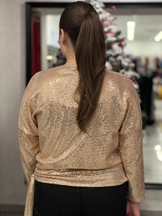 Bluză rose-gold marime universala cu paiete și accesoriu lateral cu fundă [3]