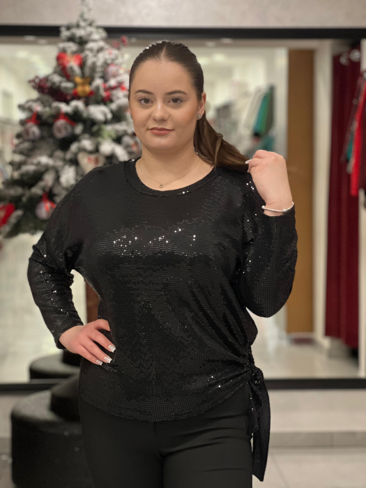 Bluză neagra marime universala cu paiete și accesoriu lateral cu fundă [1]