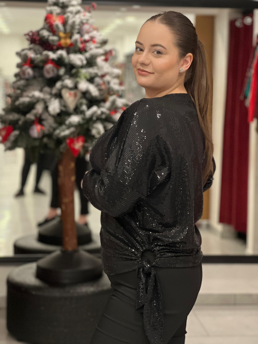 Bluză neagra marime universala cu paiete și accesoriu lateral cu fundă [3]