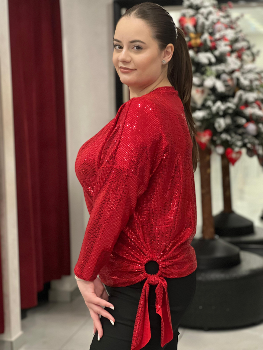 Bluză rosie marime universala cu paiete și accesoriu lateral cu fundă [2]