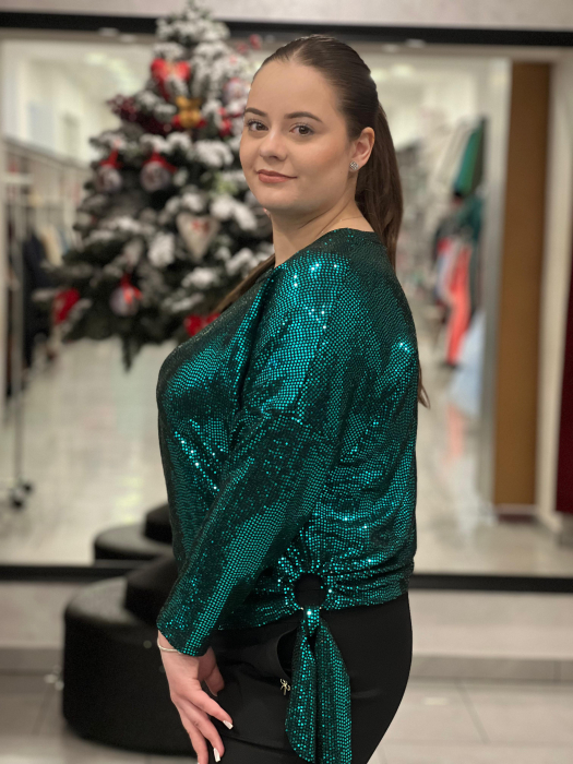 Bluză verde marime universala cu paiete și accesoriu lateral cu fundă [2]