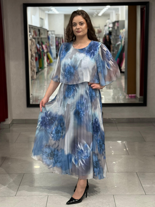 Rochie albastra cu print floral si pliseuri mod. 7713 [1]
