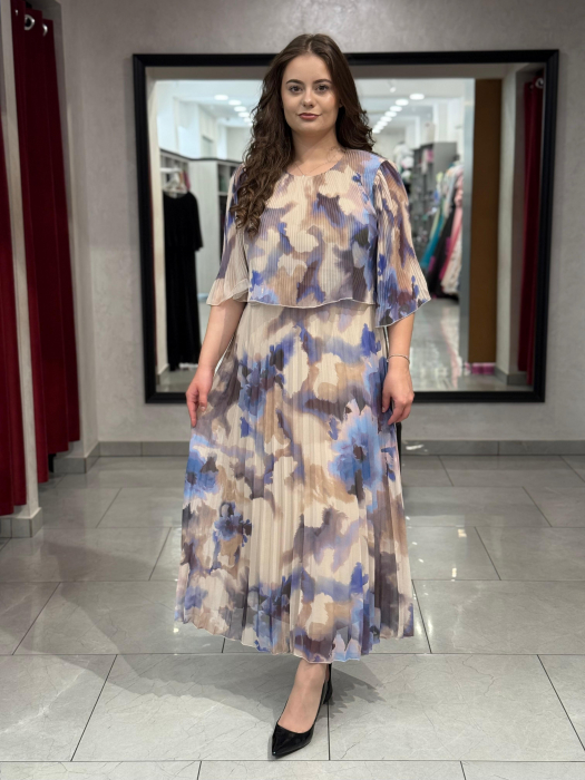 Rochie bej cu print floral mov si pliseuri mod. 7713 [1]