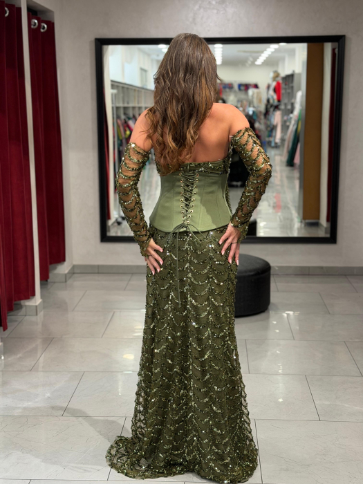 Rochie kaki cu corset și manusi detasabile 2665 [6]