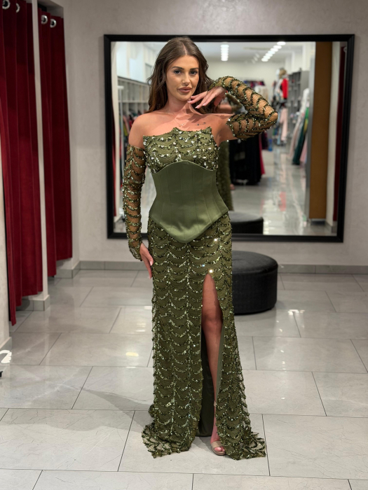 Rochie kaki cu corset și manusi detasabile 2665 [4]