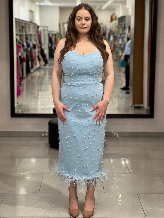 Rochie baby blue midi cu perle si pene [1]