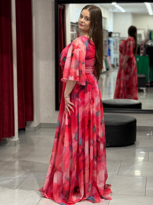 Rochie lunga rosie cu flori [3]