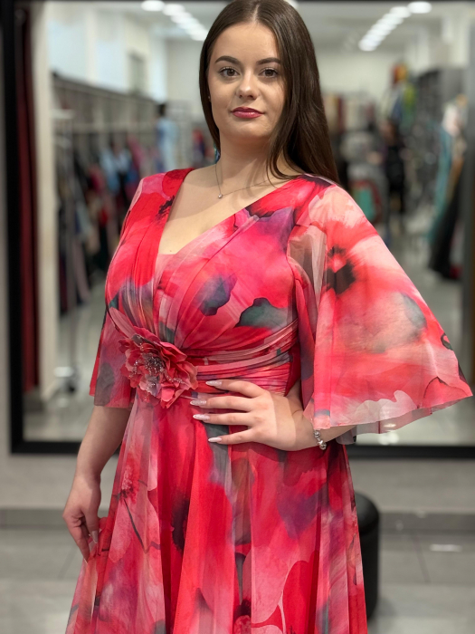 Rochie lunga rosie cu flori [2]