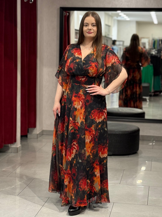Rochie lunga neagra cu model floral rosu [3]