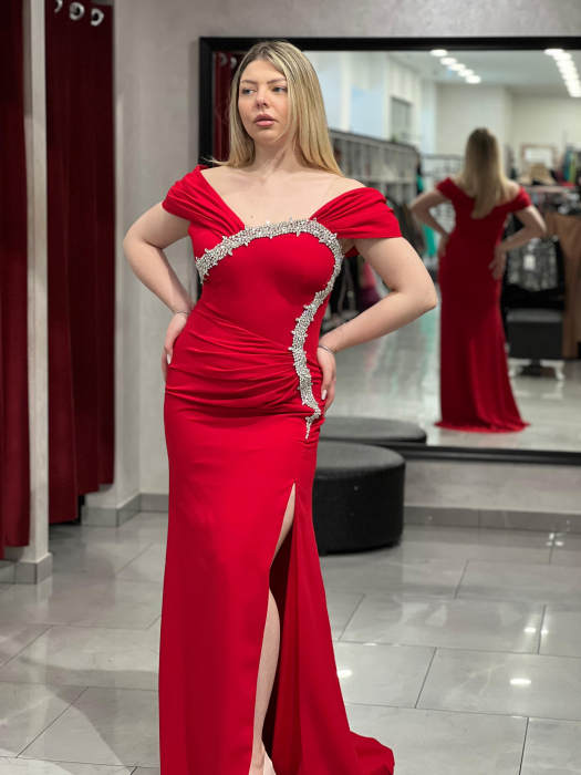 Rochie lunga rosie cu strasuri 7032 [2]