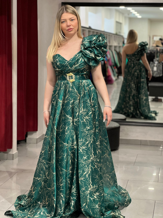 Rochie lunga verde cu insertii aurii si decor pe umar 4689 [3]