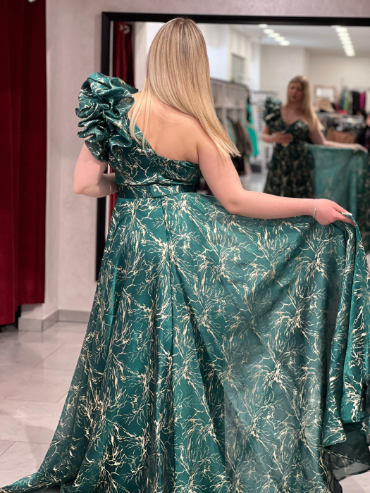 Rochie lunga verde cu insertii aurii si decor pe umar 4689 [5]