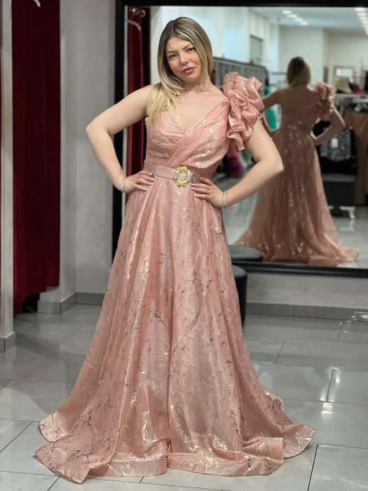 Rochie lunga roz cu insertii aurii si decor pe umar 4689 [4]