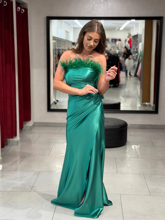 Rochie lunga verde lurex si pene [3]