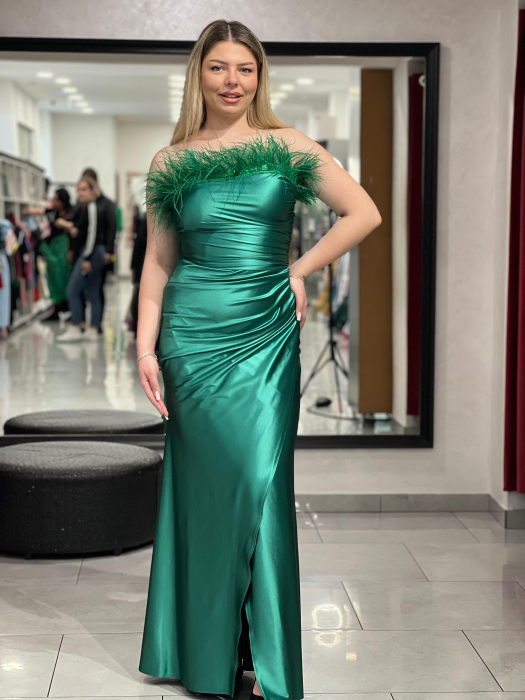 Rochie lunga verde lurex si pene [5]