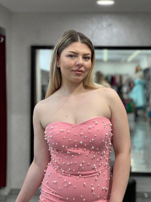 Rochie roz midi cu perle si pene [4]
