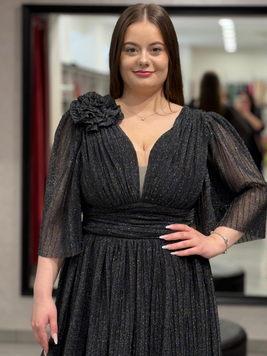 Rochie negru sidefat cu decor de floare [2]