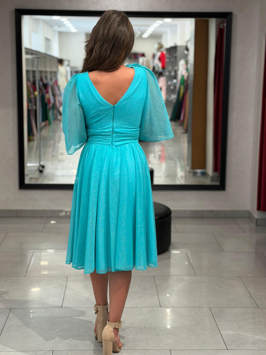 Rochie turcoaz sidefat cu decor de floare [7]