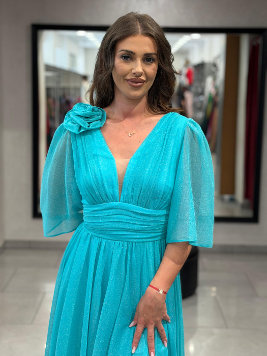 Rochie turcoaz sidefat cu decor de floare [5]