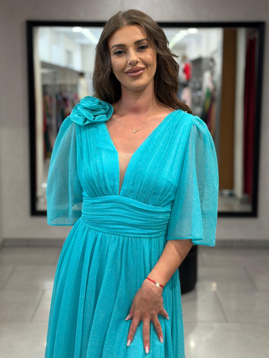 Rochie turcoaz sidefat cu decor de floare [2]