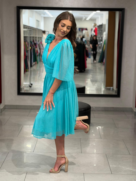 Rochie turcoaz sidefat cu decor de floare [4]