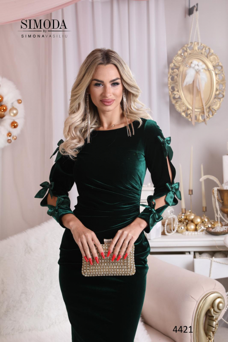 Rochie verde catifea cu fundite satin 4421 [2]