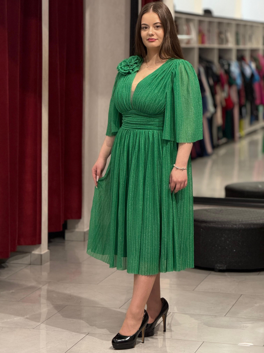 Rochie verde sidefat cu decor de floare [12]