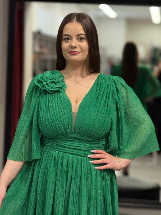 Rochie verde sidefat cu decor de floare [13]