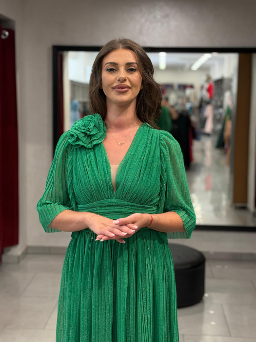 Rochie verde sidefat cu decor de floare [2]